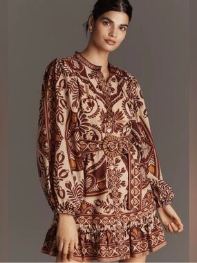 FARM Rio Cream and Brown Printed Mini Dress